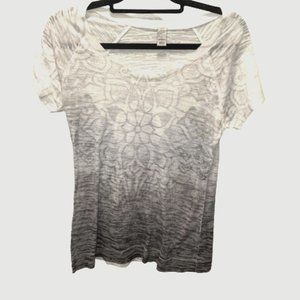 prAna Women’s Breathe Burnout Tee Gray Ombre Lotus Flower Print Size L